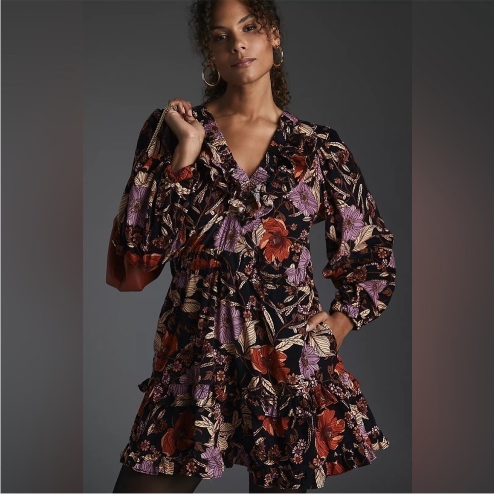 PILCRO TIERED CORDUROY RUFFLED FLORAL BOHO MINI DRESS medium BLACK long sleeve